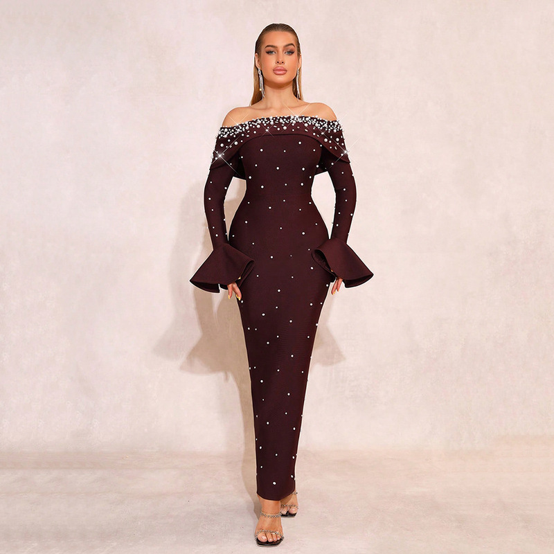 New Cross-Border Style Beaded and Rhinestone-Embellished Tight-Fitting Off-Shoulder Bandage Dress with Flared Long Sleeves, Long Dress, Women's Formal Dress New Cross-Border Style Beaded and Rhinestone-Embellished Tight-Fitting Off-Shoulder Bandage Dress with Flared Long Sleeves, Long Dress, Women's Formal Dress