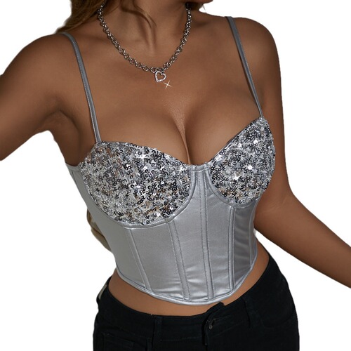 Trendy and fashionable sequin nightclub style steel ring fishbone slim fit midriff-baring backless cross-border hot selling sexy vest 0131