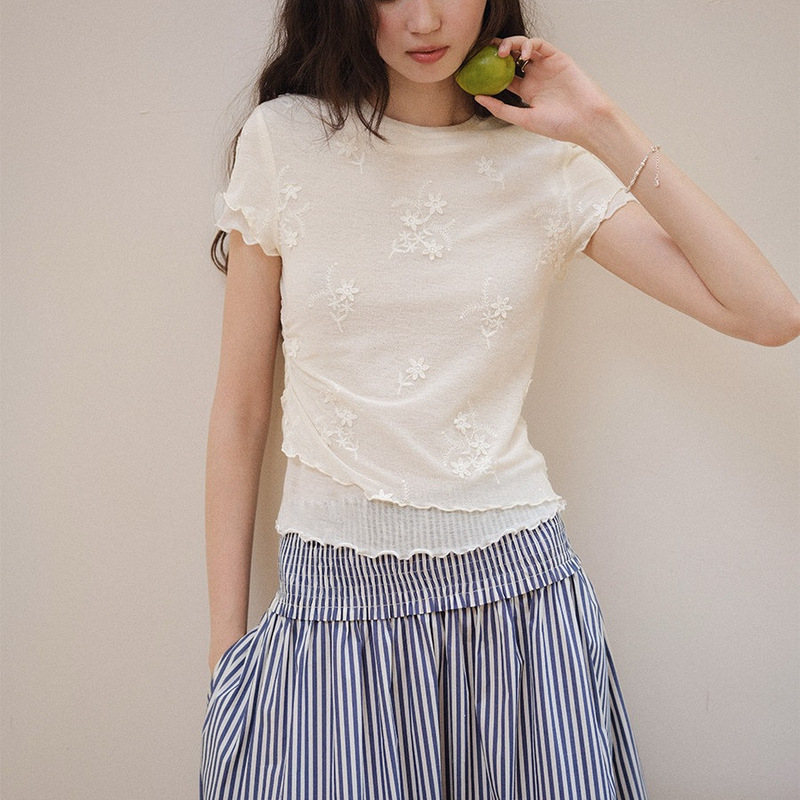 Tencel-linen blend vintage round-neck lace three-dimensional floral two-piece top T-shirt
