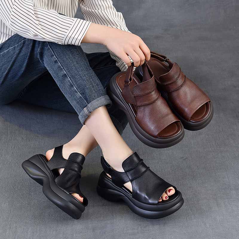 以一 Летние универсальные сандалии на платформе, кожаная пляжная обувь для отдыха, воловья кожа