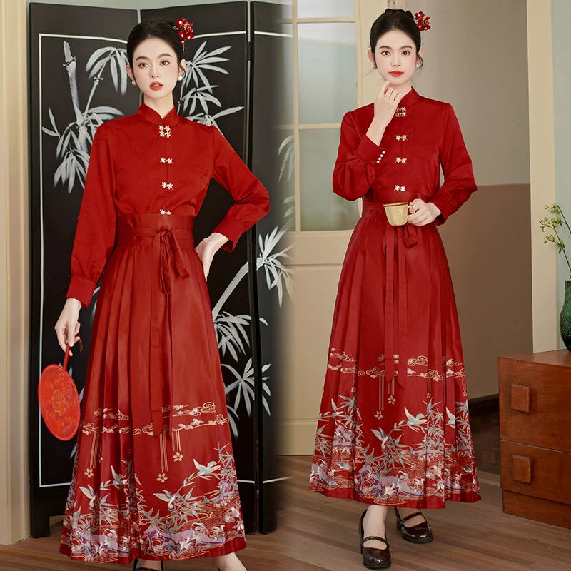 Красное платье с конским лицом тост костюм невесты чонсам 2024 осень и зима новое свадебное платье в китайском стиле помолвка костюм для женщин