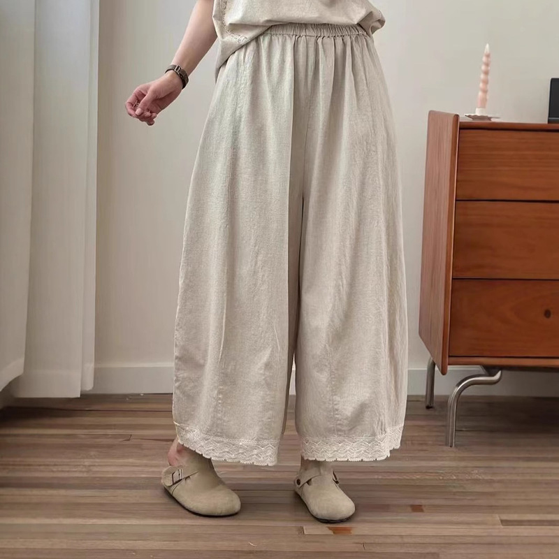 Japanese Mori Cotton Linen Wide Leg Pants Women's Summer New Loose All-match Pants with Lace Leg and Age-reducing Straight Leg Pants