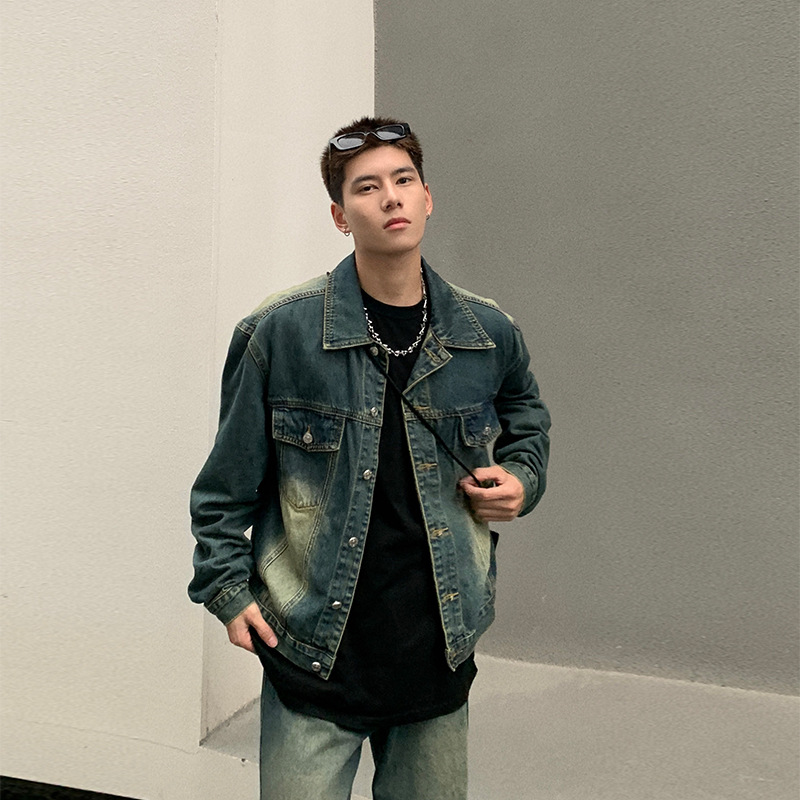 2023 marca de moda americana retro Denim coat hombres primavera moda guapo suelta chaqueta de moda de dos piezas