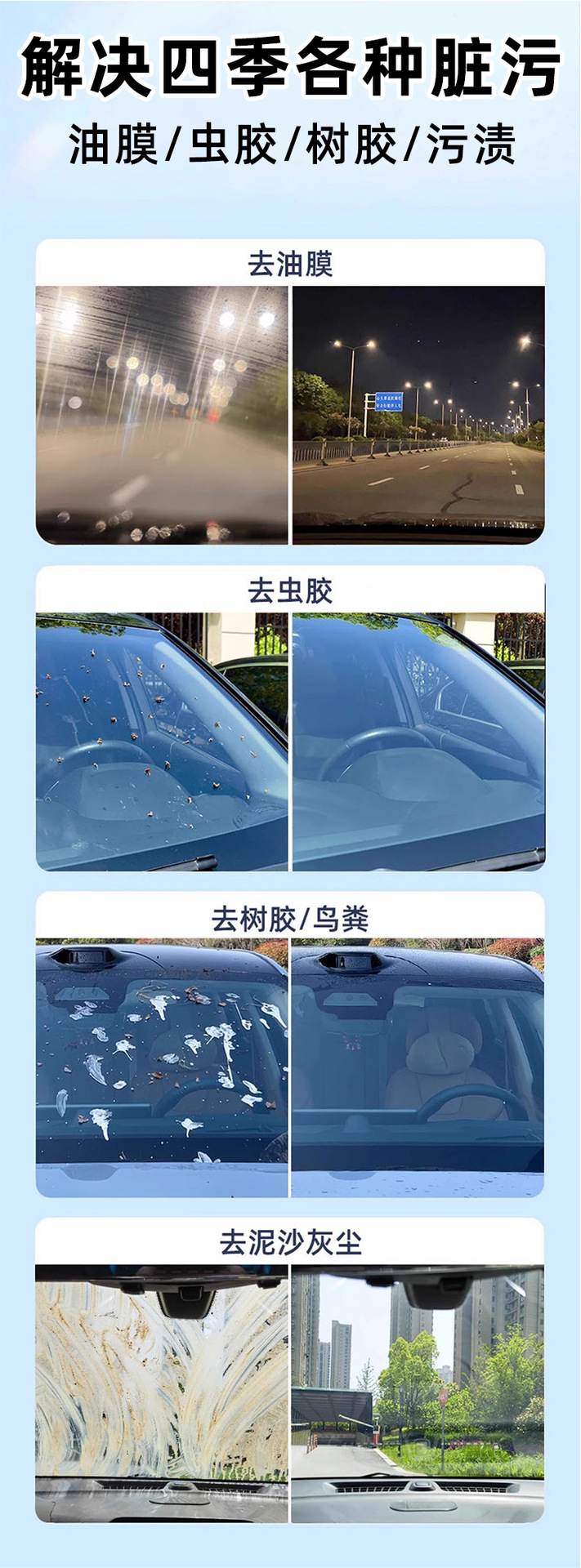Coated glass cleaning fluid, car glass water, removes oil film, repels water, prevents rain, removes insect glue, and cleans glass