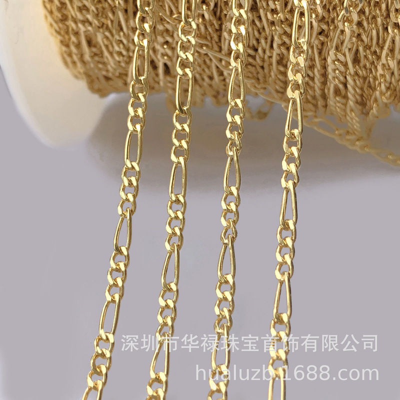US 14K gold injection 2.4mm calender 3+1 Figaro chain loose chain flash side chain diy accessories