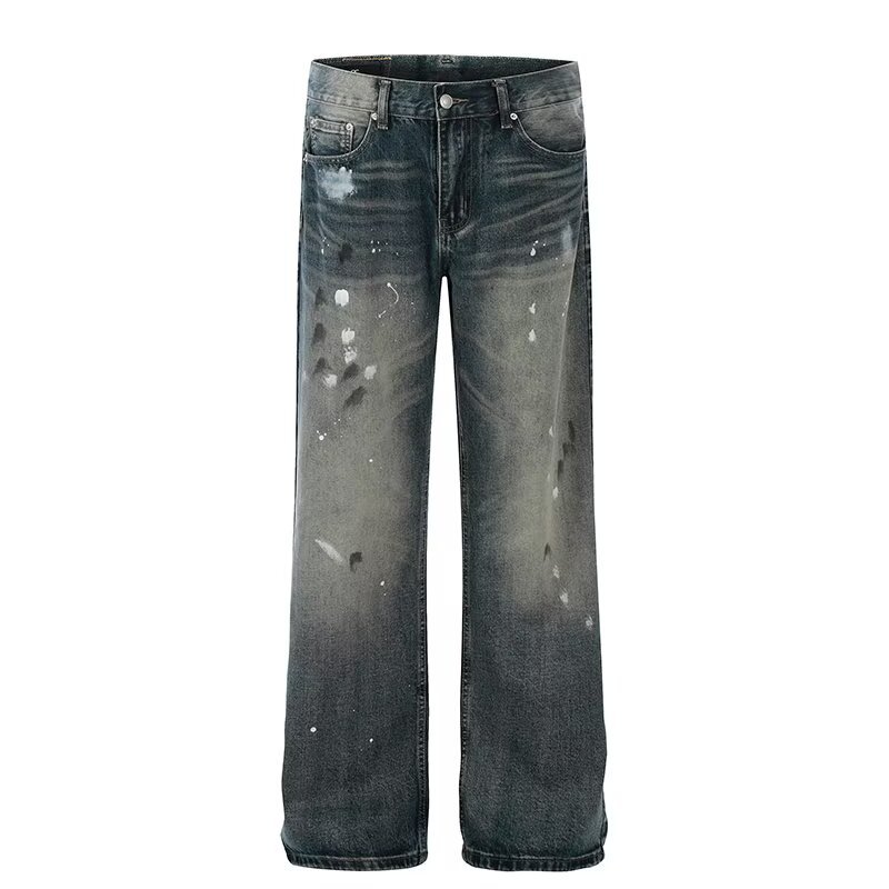 Unisex Trendy Loose Straight Leg Jeans American Retro Cleanfit Splatter Paint Casual Floor Length Wide Leg Pants_mkmklike.com