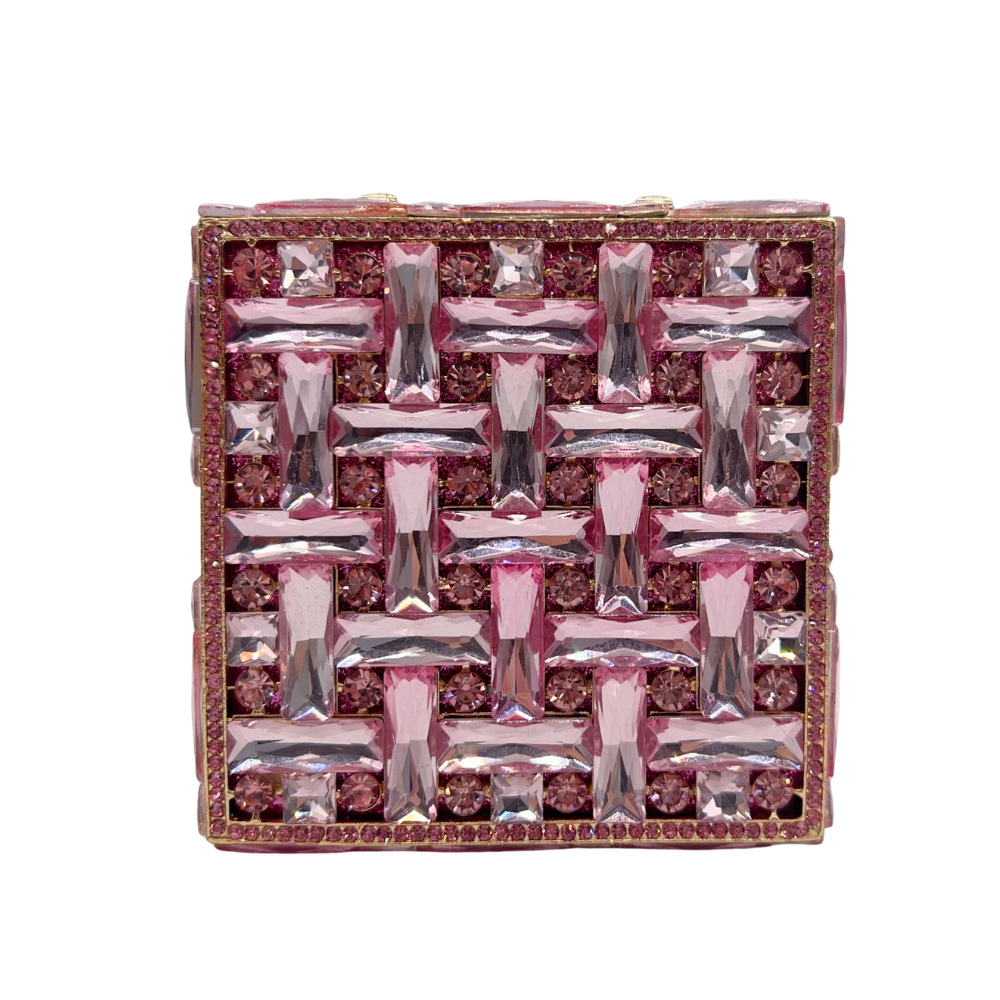 Túi clutch nữ hộp vuông nhỏ cầm tay dự tiệc đính đá — màu hồng