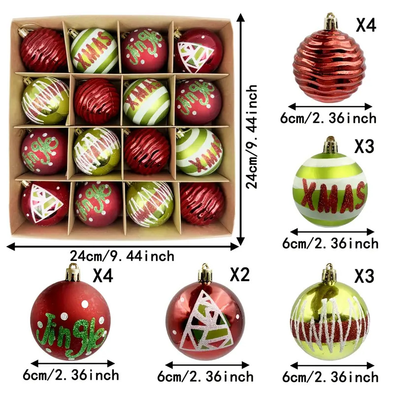 Navidad 6cm 16 combinación de color rojo y verde Bolas de Navidad de decoración de árbol de Navidad en caja