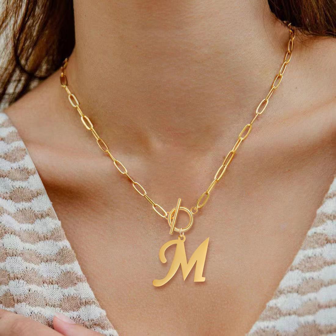 Cross-Border Amazon Fashion Gold 26-Letter Ot Buckle Paper Clip Necklace Women's Non-Fading Letter Necklace