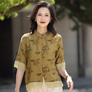 Qianbai Yilian Mom's Clothing 2025 Summer New Middle-Aged and Elderly Women's Clothing Chinese Style Loose Mesh Large Size Thin Top