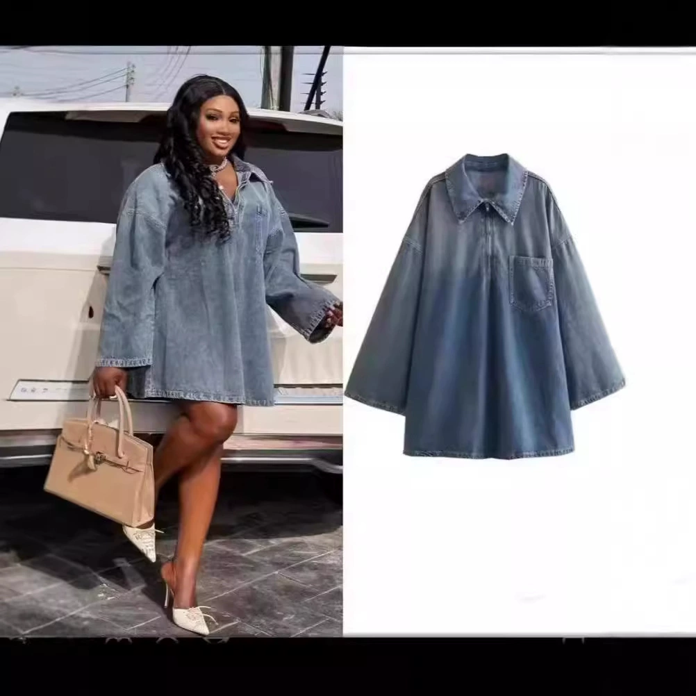 AliExpress внешняя торговля новая женская минималистская мода дикий ветер с лацканным воротником свободное джинсовое платье