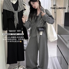 THE LIMON柠檬绿茶2025冬季时尚套装运动休闲百卫衣+卫裤配披肩