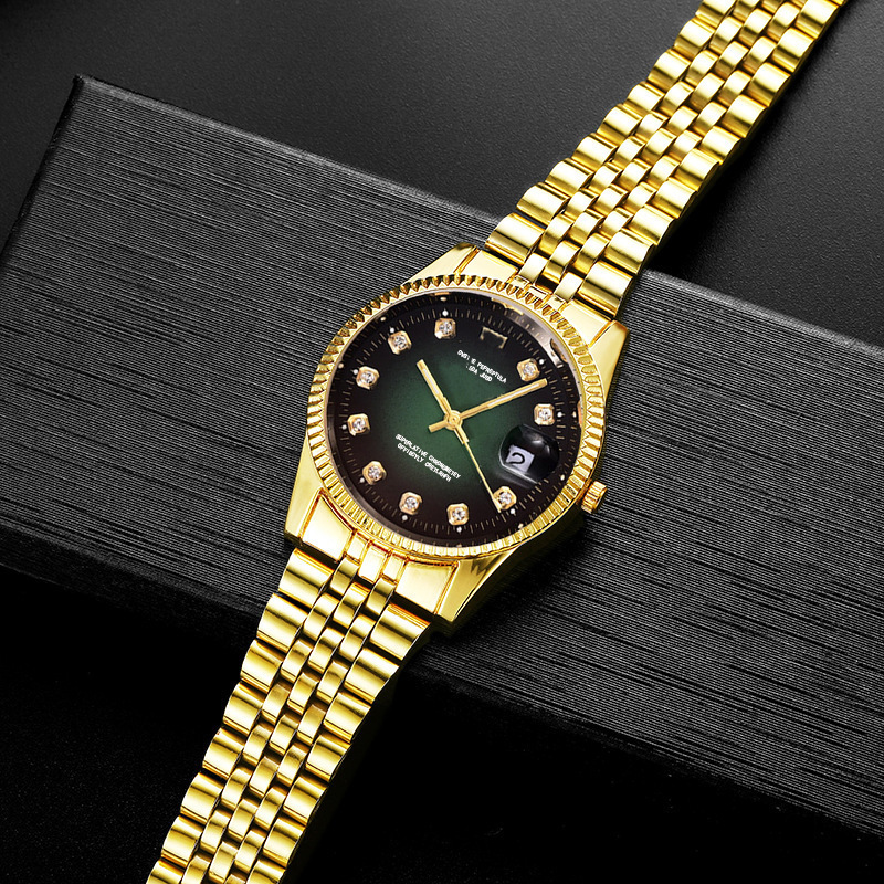 Business foreign trade star with golden steel band watch men's calendar Diamond L men's watch GOLD watches