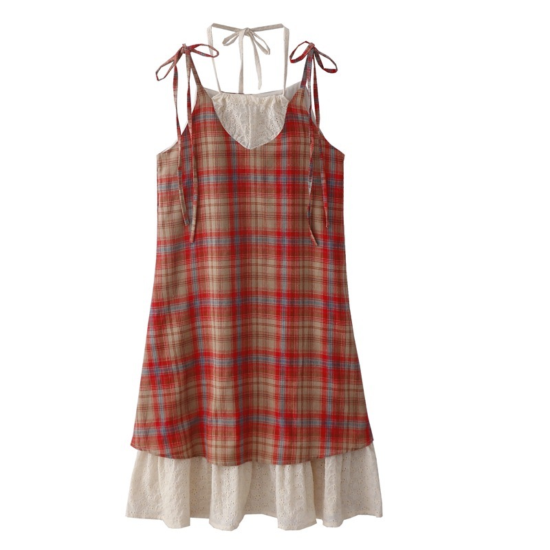 Summer New Mori Style Vintage Embroidered Lace Stitching Lace Fake Two-piece Slip Dress Women's dress Plaid Long Dress