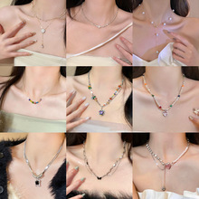 甜酷风七彩石爱心滴釉项链女夏季小众设计网红辣妹珍珠锁骨链批发