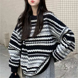 慵懒宽松长袖毛衣秋冬2025新款时尚中长款圆领撞色条纹针织上衣女