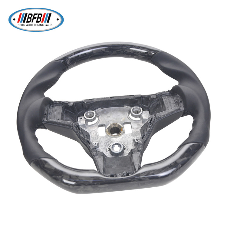 100% Real Carbon Fiber Forged Steering Wheel with Black Leather and Black Stitching - For Tesla Model Y - Modification