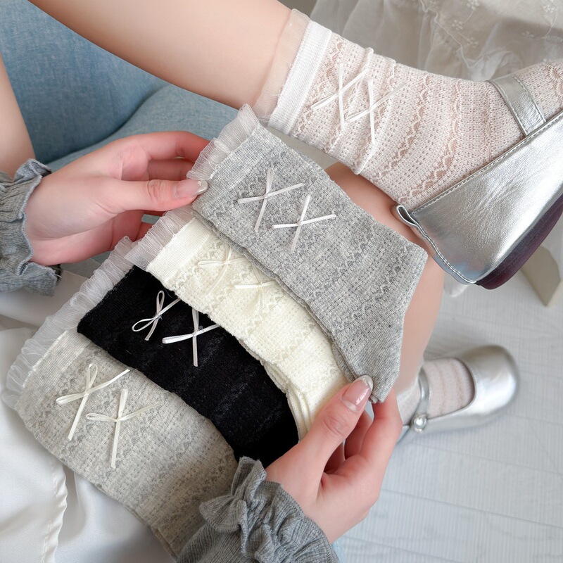 Korean-Style Lace Trim Bowknot Slouch Socks, Spring and Summer Socks for Women, Breathable Cotton Socks, College Style Mid-Calf Socks for Girls