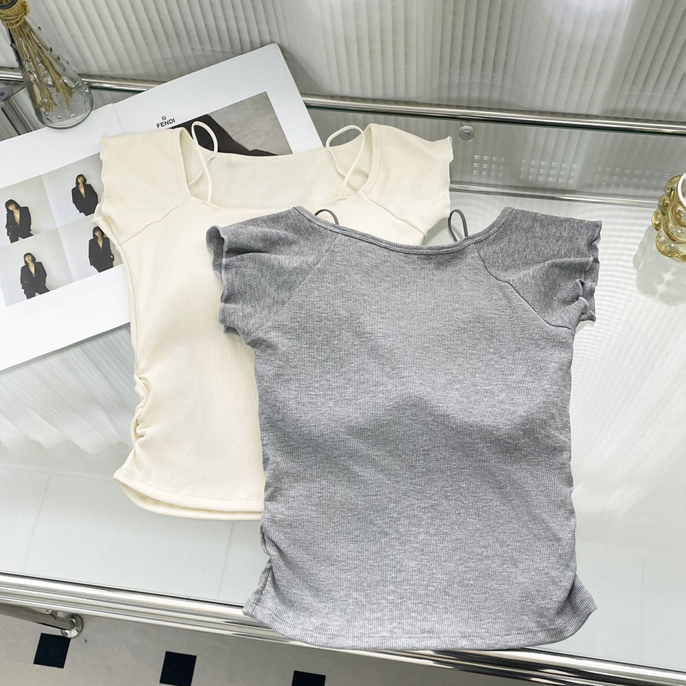 가을 새로운 스타일 스레드 면 브러시 광장 타이 가슴 패드 무료 브래지어 슬리밍 간단한 작은 비행 소매 여성을위한 반팔 겉옷