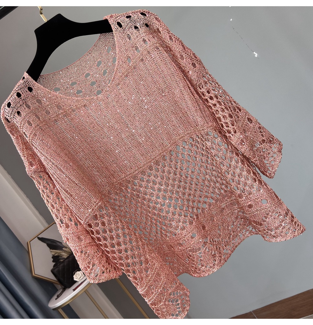 Frühling neue hohle Pailletten bluse mittellanger Strick pullover Goldthread helles Seiden-Sonnenschutz hemd – Detail 10