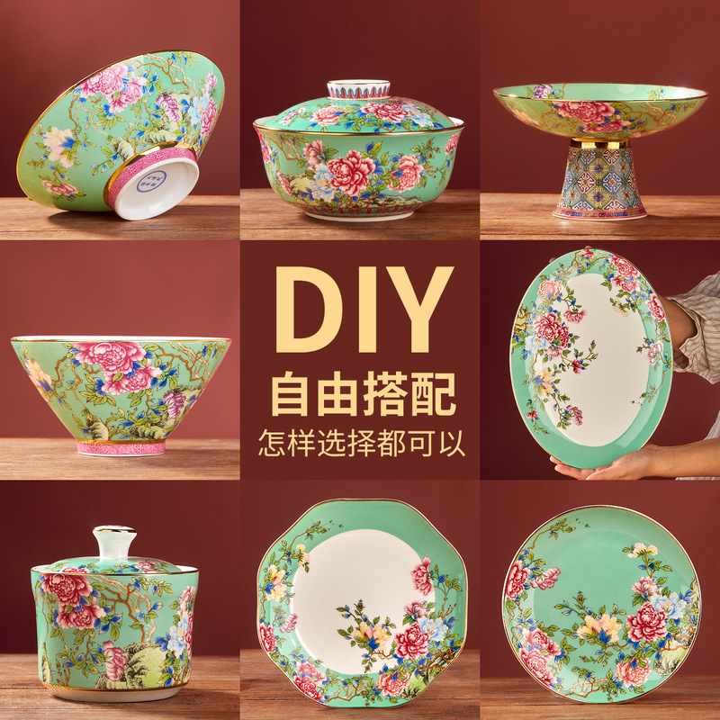 Jingdezhen Classy Small Fresh Blue Peony Flower Tableware Pieces Eating Bowls and Dishes DIY Enamel Color