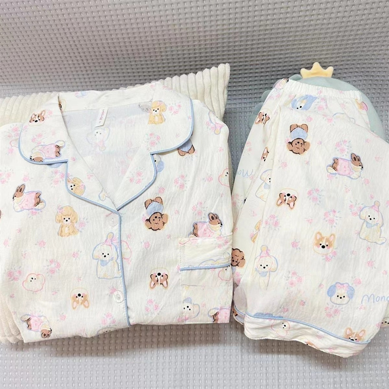 扎染条纹云朵纯棉纱睡衣女春秋季长袖简约可外穿开衫家居服夏套装|undefined