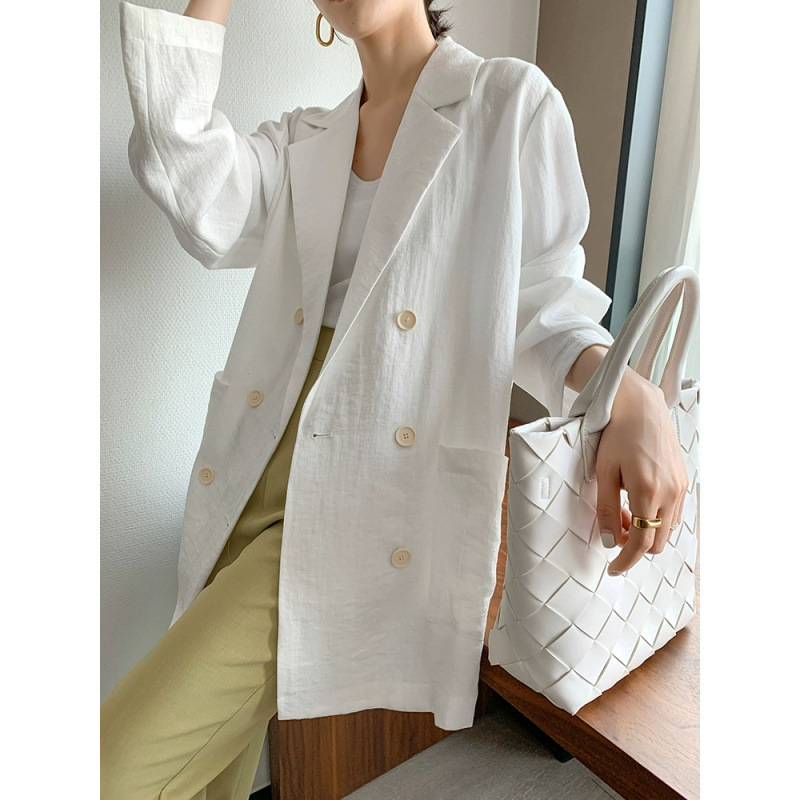 2026 Summer Women's Round-Neck Ultra-Long Sleeve Cotton-Linen Artistic Style Loose Casual Single-Breasted Blazer Top European and American Style
