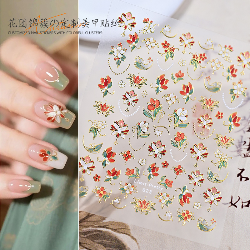 Celebridades de Internet nuevas pegatinas de uñas de racimo de flores chinas flores francesas en relieve decoraciones de uñas de vestir tridimensionales al por mayor