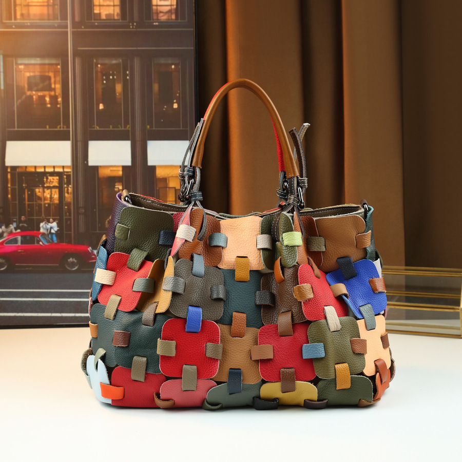 New High-End Women's Handbag Woven Leather Patchwork Large Capacity Shoulder Crossbody Bag Colorful Stylish_voghion.com