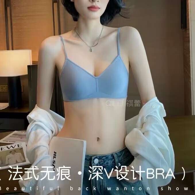 女性用細いショルダーストラップ下着、薄くて小さな胸、快適、ノンワイヤー、フレンチウサギ耳カップ、軽くて薄いゼリーストリップ、シームレスブラジャー、夏|undefined