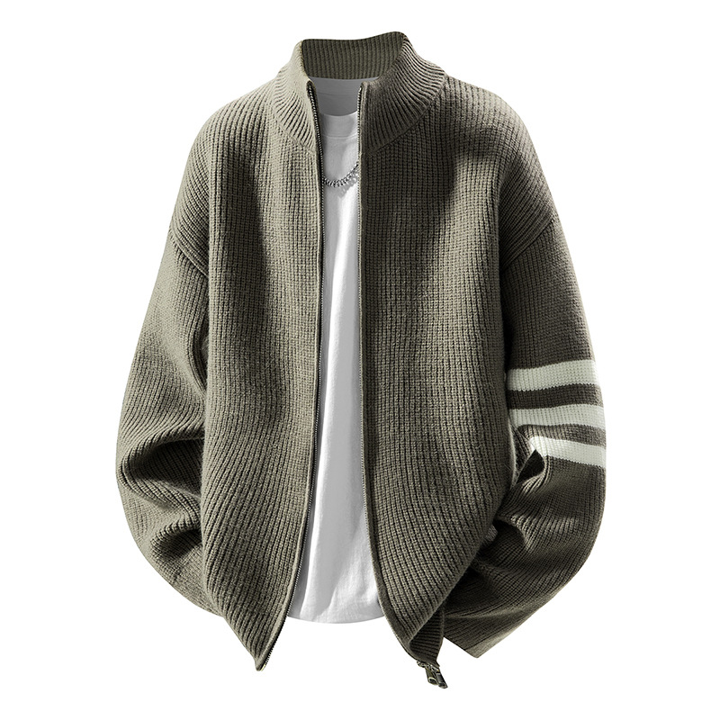 Men's Oversized Striped Knit Cardigan – Cozy Fall/Winter Loungewear Sweater (Rabbit Wool Blend, Grey/Black/Navy)_voghion.com