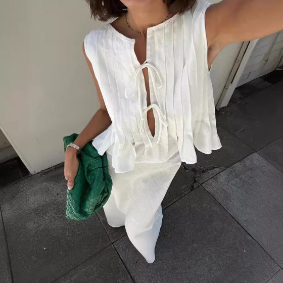 6 Color Qi Code in stock European and American Cross-border Explosions Breathable Cotton and Linen Pleated Sleeveless Strap Blouse High Street Long Dress