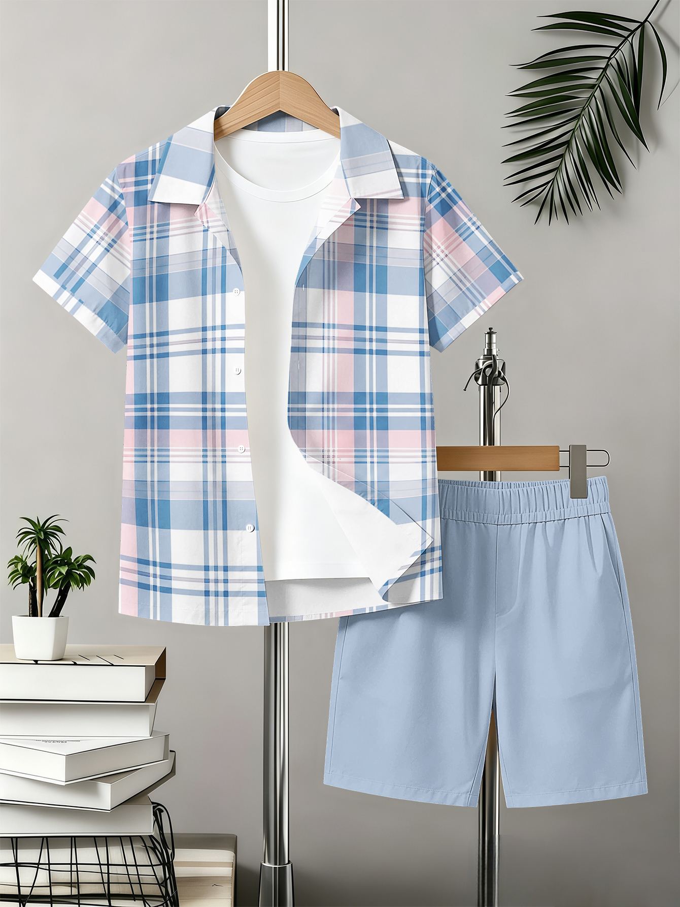 Boys Collared Shirt And Shorts Set With 3d Pattern Print_voghion.com