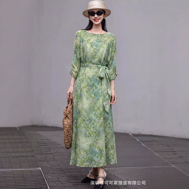 Silk Three-Quarter Sleeve Dress 2026 Summer New Style Elegant High-End Waist-Tie Wrap Silk Long Dress