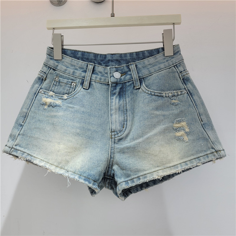 Pantalones Cortos de Mezclilla con Rotos para Mujer con Hebilla Metálica