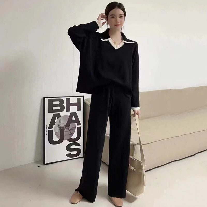 Damenbekleidung Mode Kontrastfarbe Pullover lockere Nische lässige Hose mit weitem Bein Damen Strickanzug_voghion.com