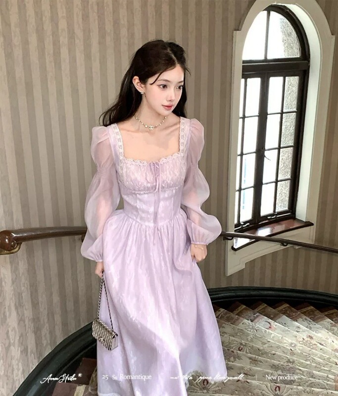 Fresh Purple Long Square-Neck Long-Sleeved Dress for Women in Summer, French Retro Style, Elegant Waist-Cinching Dress Fresh Purple Long Square-Neck Long-Sleeved Dress for Women in Summer, French Retro Style, Elegant Waist-Cinching Dress