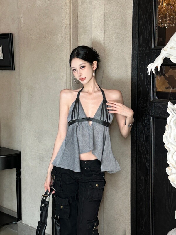 Light Blue Denim Gray V-Neck Linen Organza Leather Strap Backless Halter Top Light Blue Denim Gray V-Neck Linen Organza Leather Strap Backless Halter Top