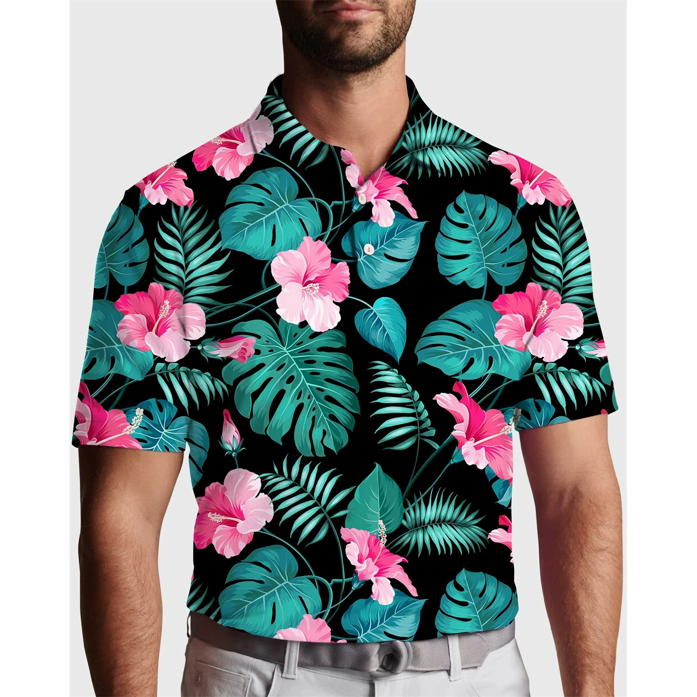 Polo Мужская модная повседневная пуговица с коротким рукавом и 3D-принтом Мужская Летняя мода с цветком в европейском и американском стиле