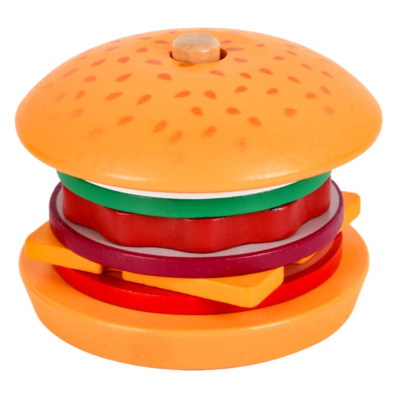 Simulación transfronteriza para niños, casa de juegos de madera, hamburguesa, patatas fritas, sándwich, columna a juego, juguete educativo de ensamblaje de corte