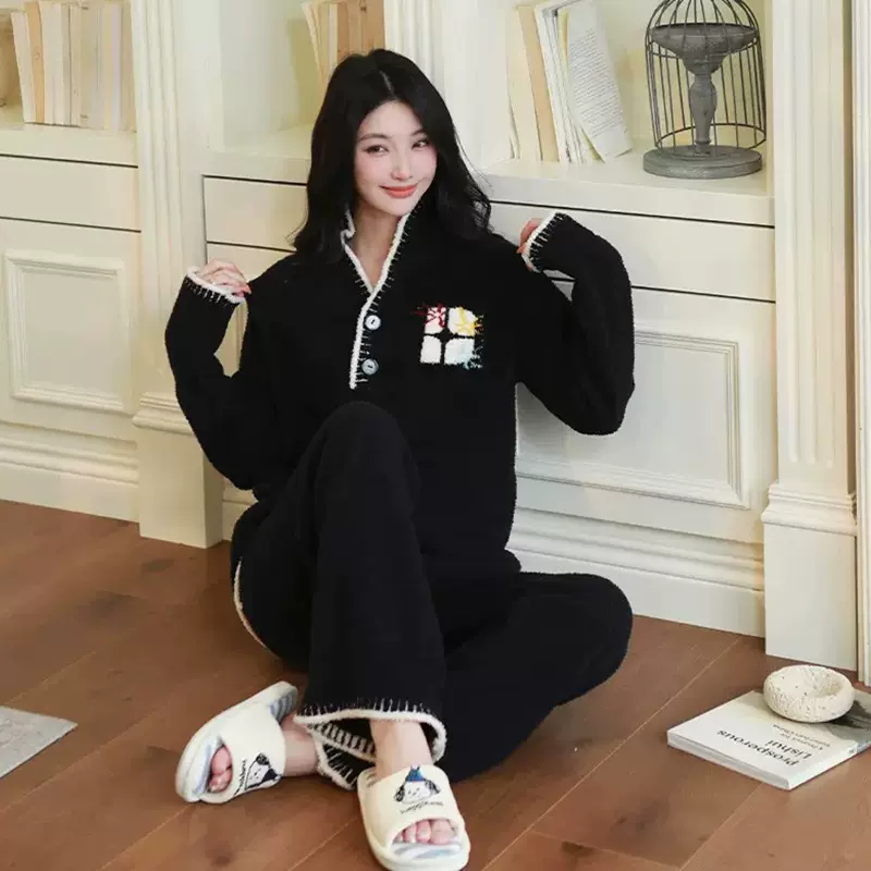2025秋冬季新款韩版半边绒睡衣女生宿舍V领套头可外穿家居服套装