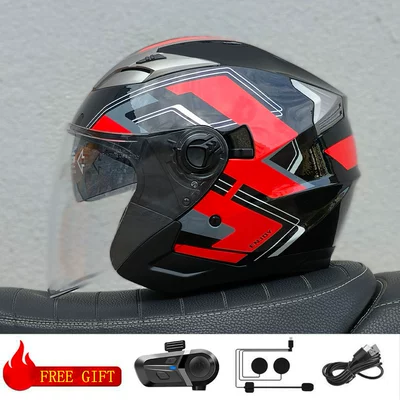 Motosiklet kaskı (dəbilqə) — Dual Lens Cycling Helmet - red-happy-event-transparent-lens-with-bluetooth-m57-58