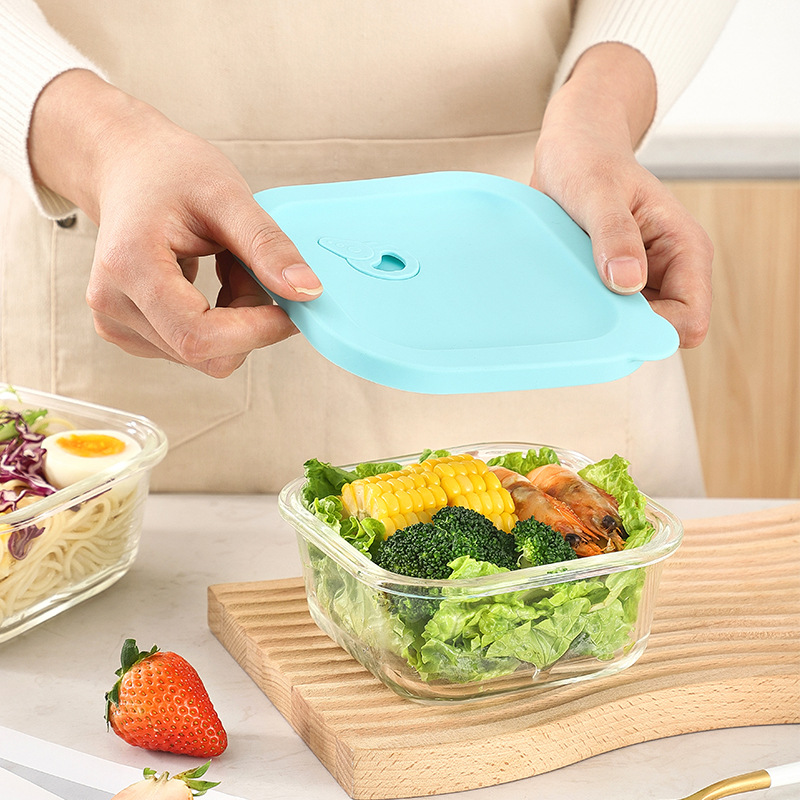 Caja de almuerzo de vidrio de borosilicato cuadrado trabajo horno microondas caja de almuerzo resistente a altas temperaturas refrigerador tapa de silicona de vidrio