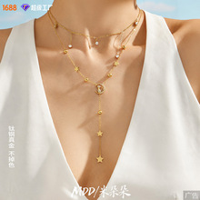 欧美饰品不锈钢小猫带钻Y字流苏星星项链女ins小众锁骨链镀18k金