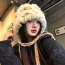 兔毛帽子女毛绒帽子2025年冬季新款彩色拼接盆帽保暖显脸小醒狮帽