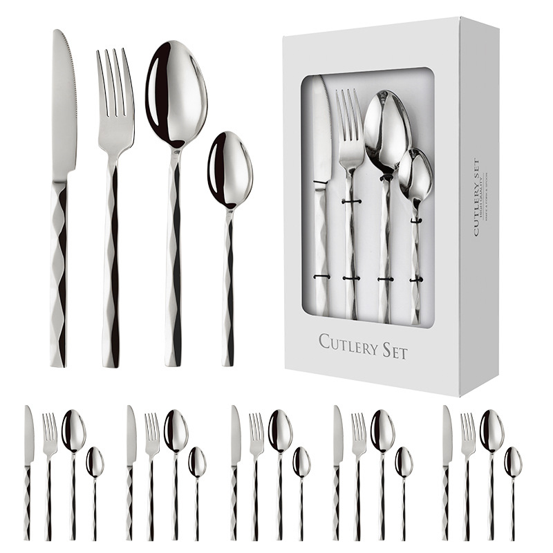 cubiertos de acero inoxidable agua ondulada diamante mango cuadrado cuchillo de filete tenedor cucharas 24 hotel comida occidental 30 juegos de caja de regalo image 8