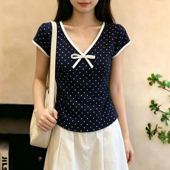 Wholesale 210g 40-Count Cotton Summer Bowknot Polka Dot V-Neck Short-Sleeve T-Shirt for Women, Fashionable and Stylish Slim-Fit Top Wholesale 210g 40-Count Cotton Summer Bowknot Polka Dot V-Neck Short-Sleeve T-Shirt for Women, Fashionable and Stylish Slim-Fit Top