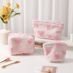 新しい甘いガーリーピンクぬいぐるみリボン化粧品バッグポータブルスキンケア製品収納袋クラッチバッグ