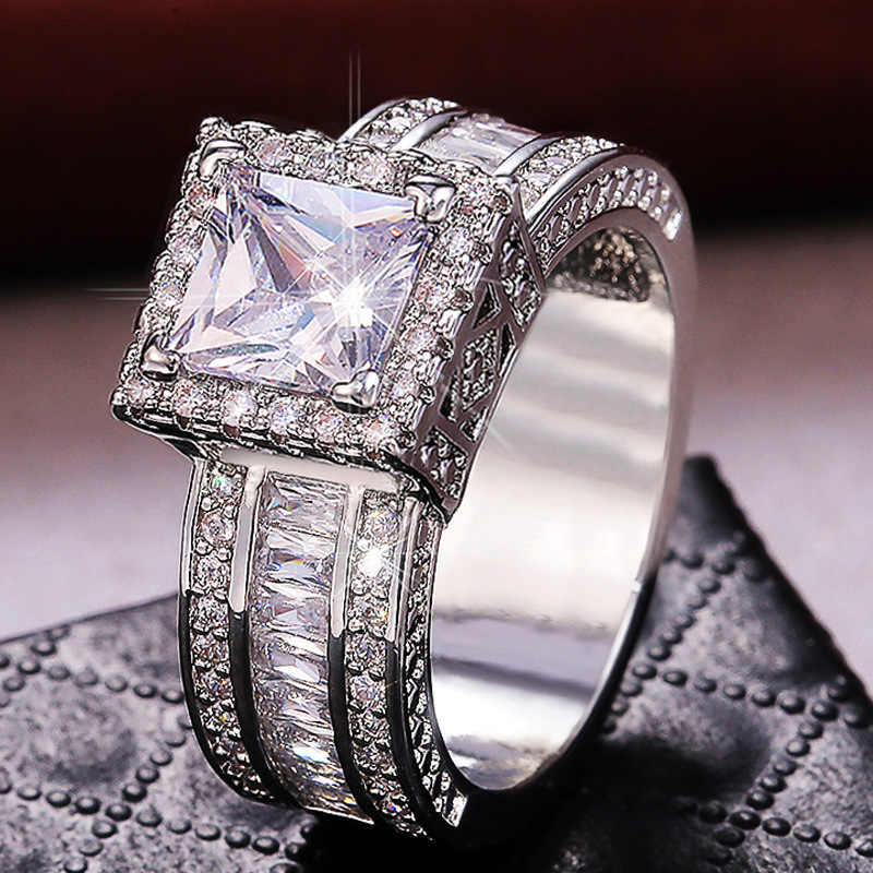 Wish Foreign Trade Ring Square Princess Diamond Ring European and American Engagement Full Diamond Push Square Flash Diamond Square Ring
