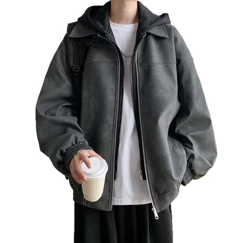 Herren-Bomberjacke aus PU-Leder im angesagten Retro-Stil mit Kapuze – ein trendiges und stylisches Modell für den Herbst. Erhältlich in Weiß und Schwarz._voghion.com
